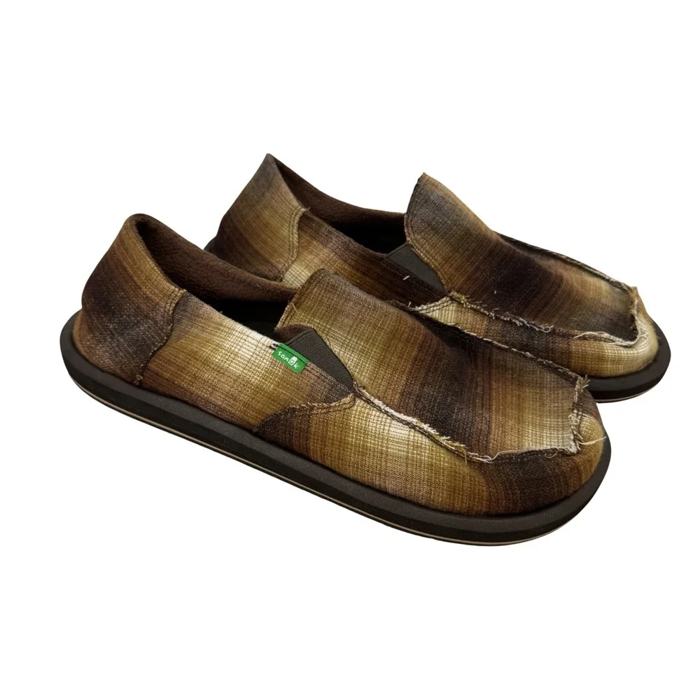 Sanuk Sidewalk Surfer Mens 11 Brown Plaid Vagabond Earthy Slip On Loafers Shoes
